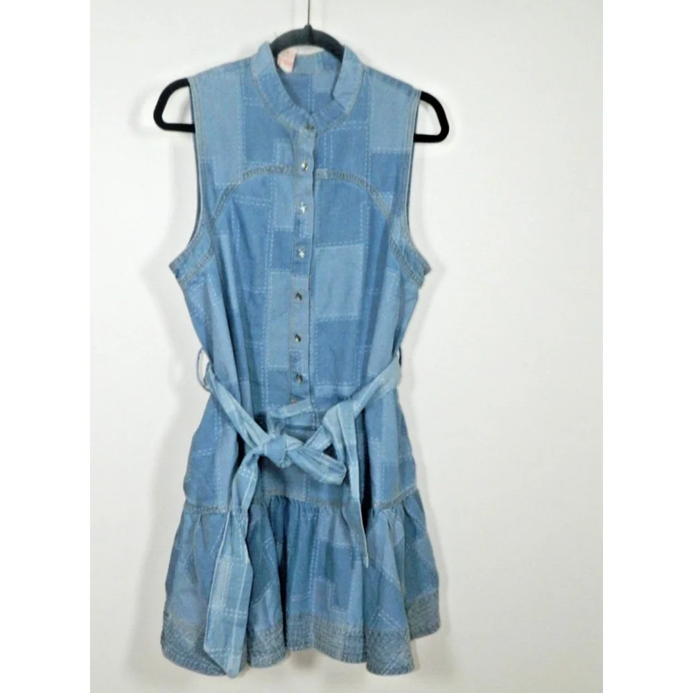 Ciebon Dress Large‎ Blue Elly Patchwork Denim Mini Shirtdress Belted - Picture 4 of 13
